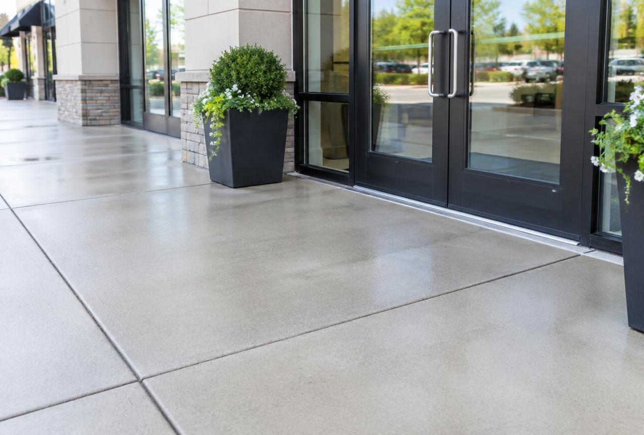 Same commercial sidewalk after pressure washing
