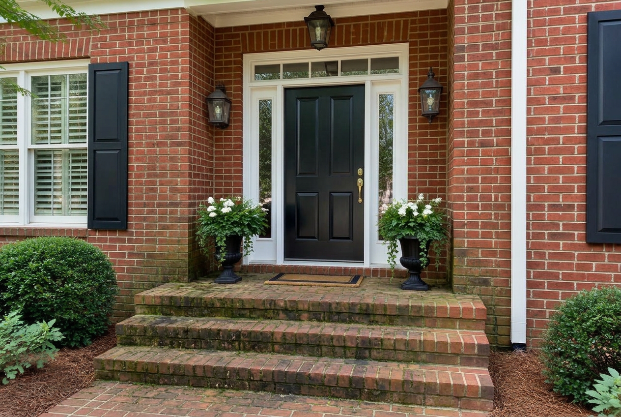 Brick entry steps before cleaning with algae and dark buildup