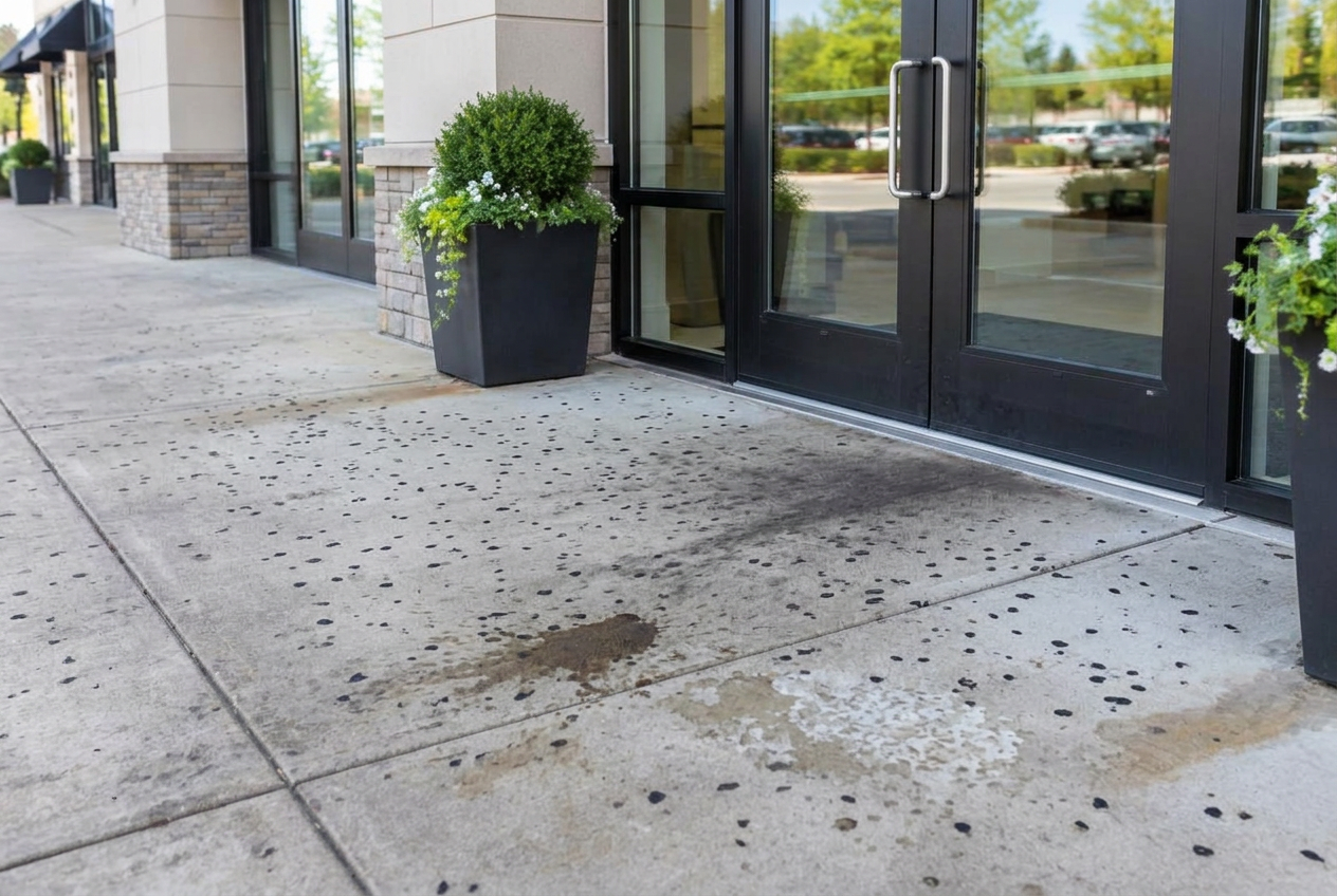 Commercial sidewalk before cleaning with gum spots and foot-traffic stains