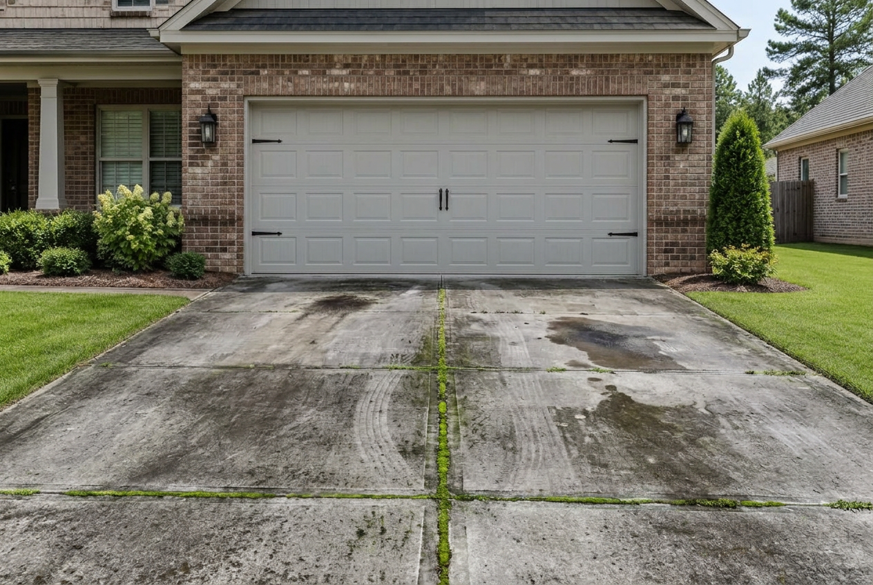 Driveway before cleaning with dark grime, oil stains and algae in the joints