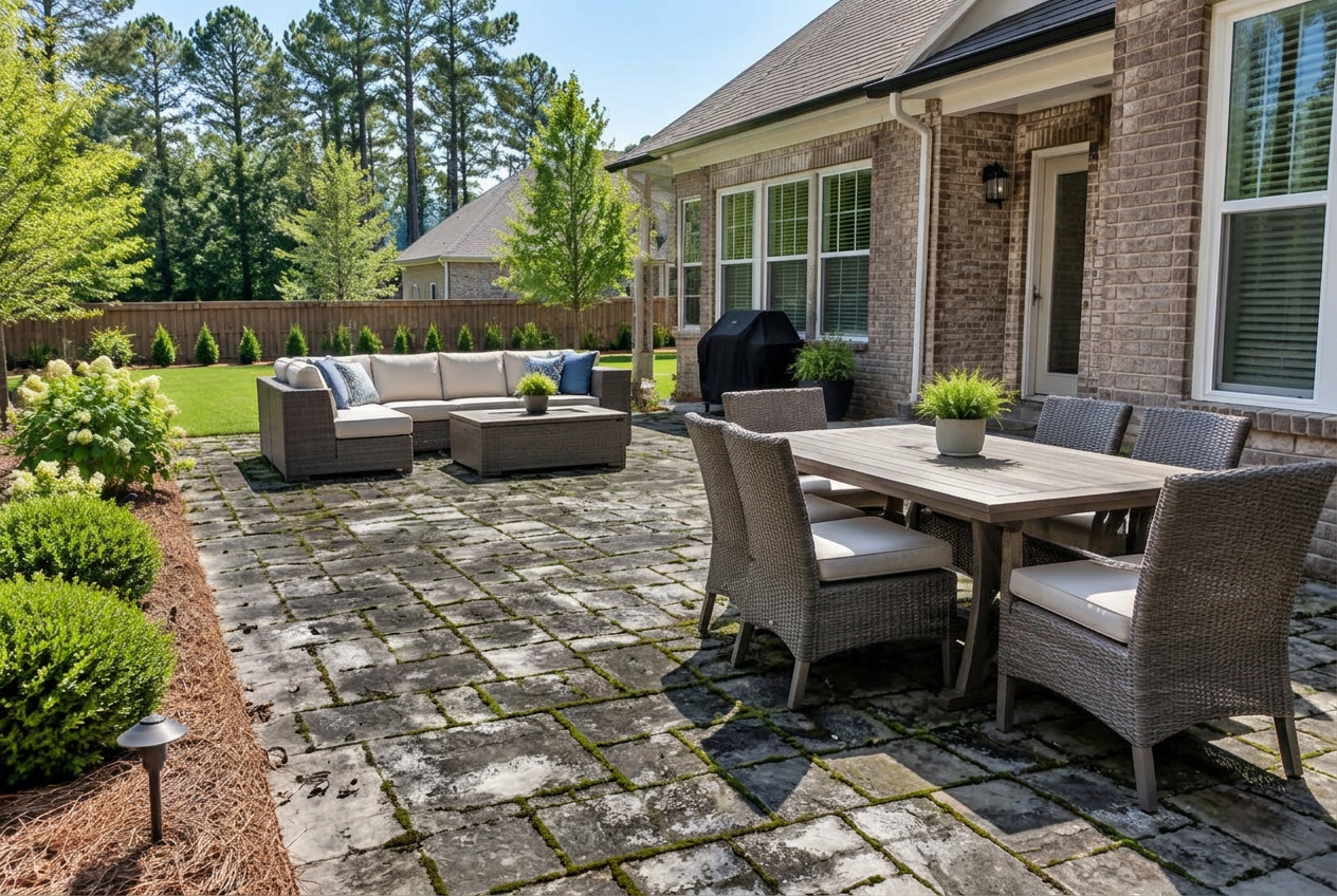Paver patio before cleaning with moss in the joints and blackened stone