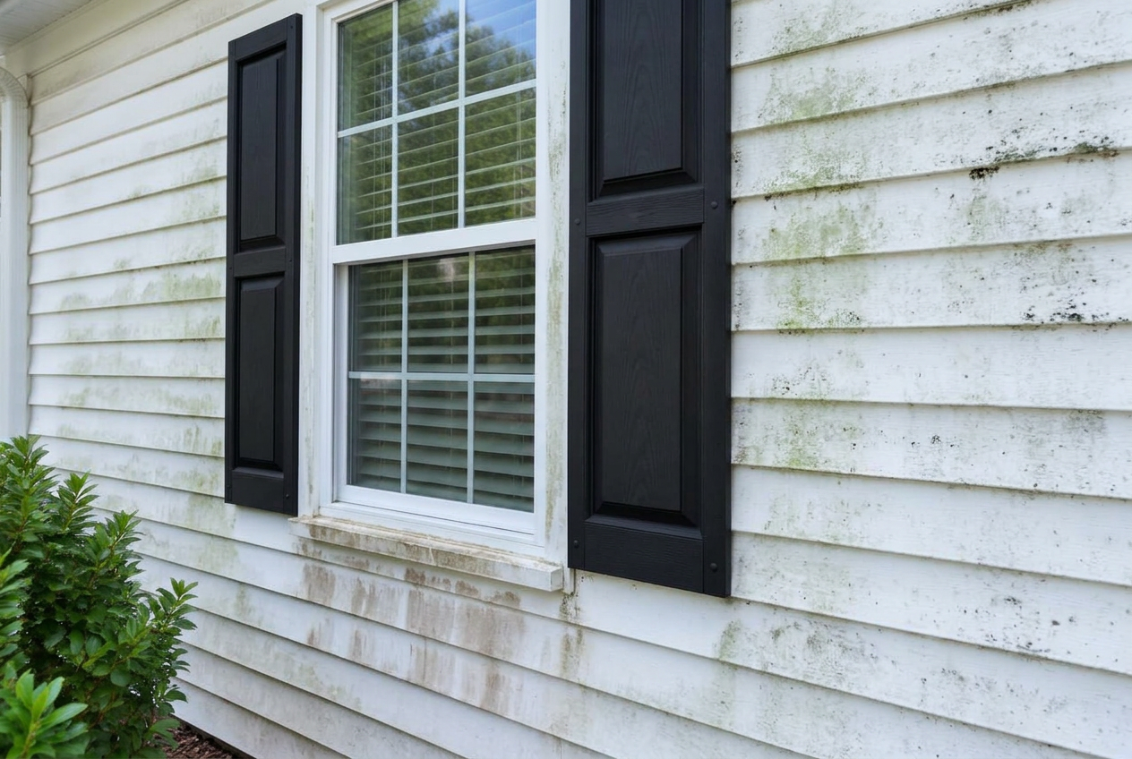 Vinyl siding before house washing with green algae and mildew streaks