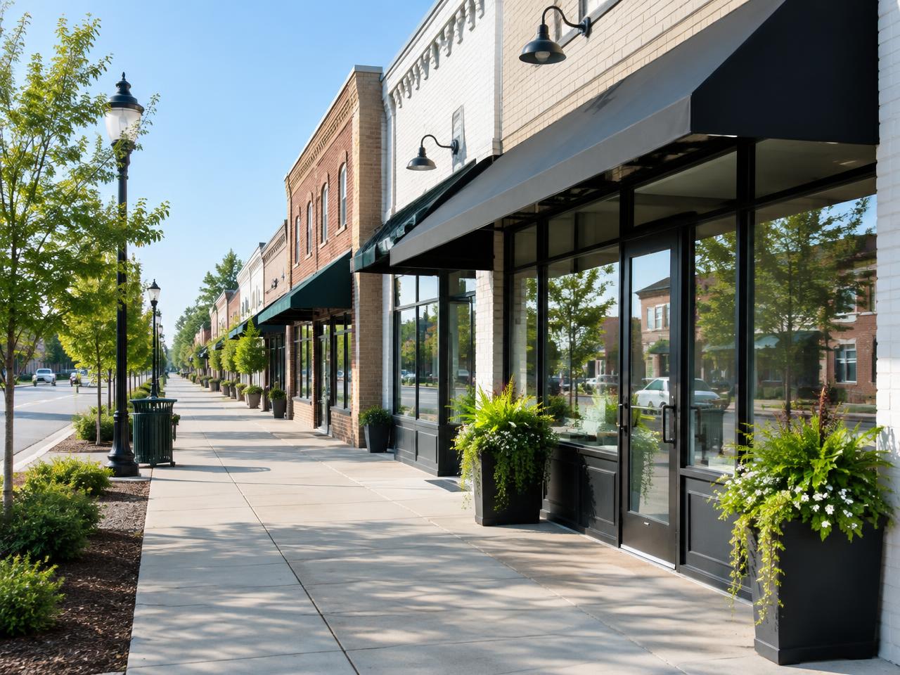 Clean commercial storefronts and sidewalk in a Middle Georgia downtown
