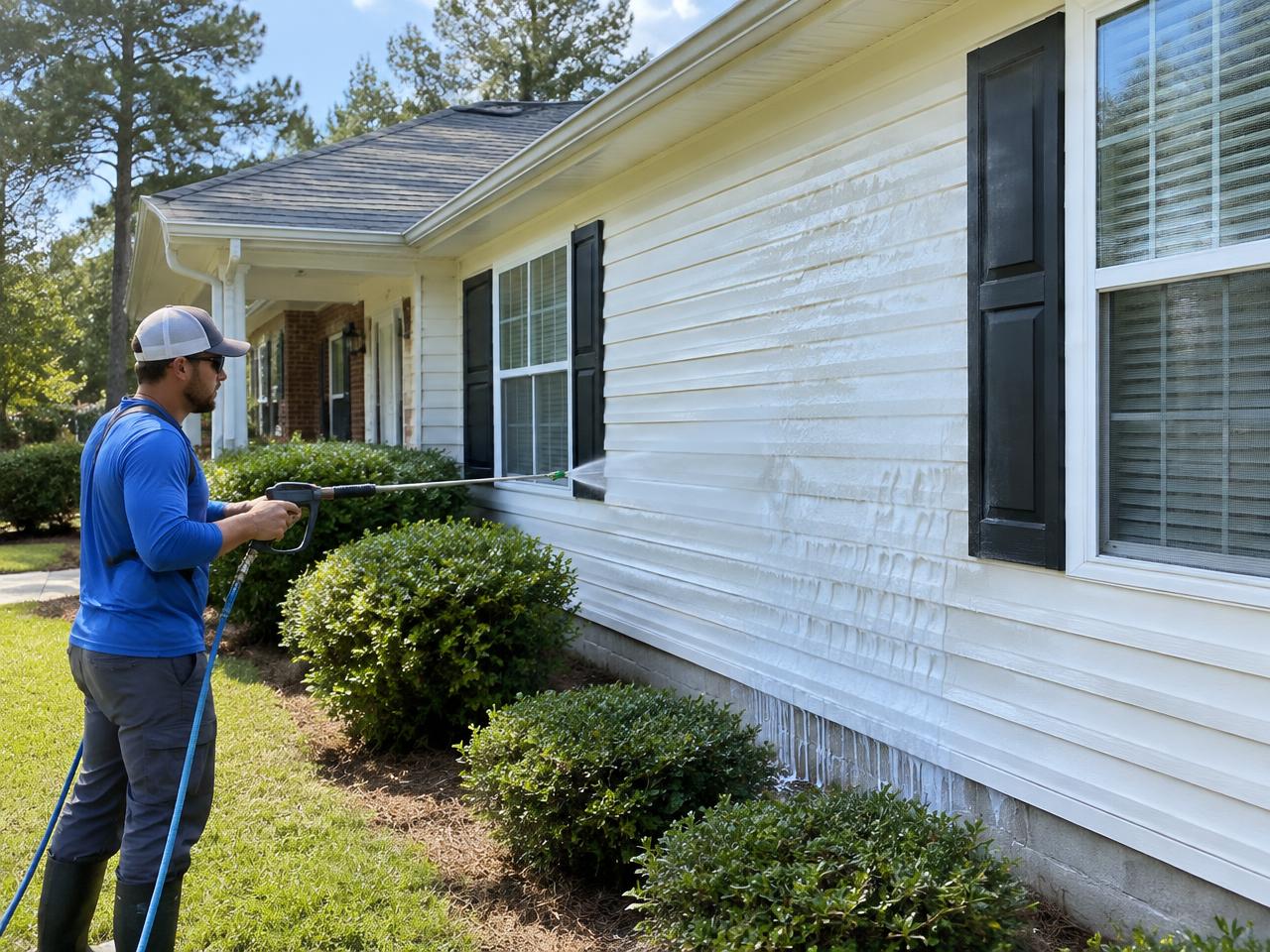 Technician soft washing vinyl siding on a Georgia ranch-style home