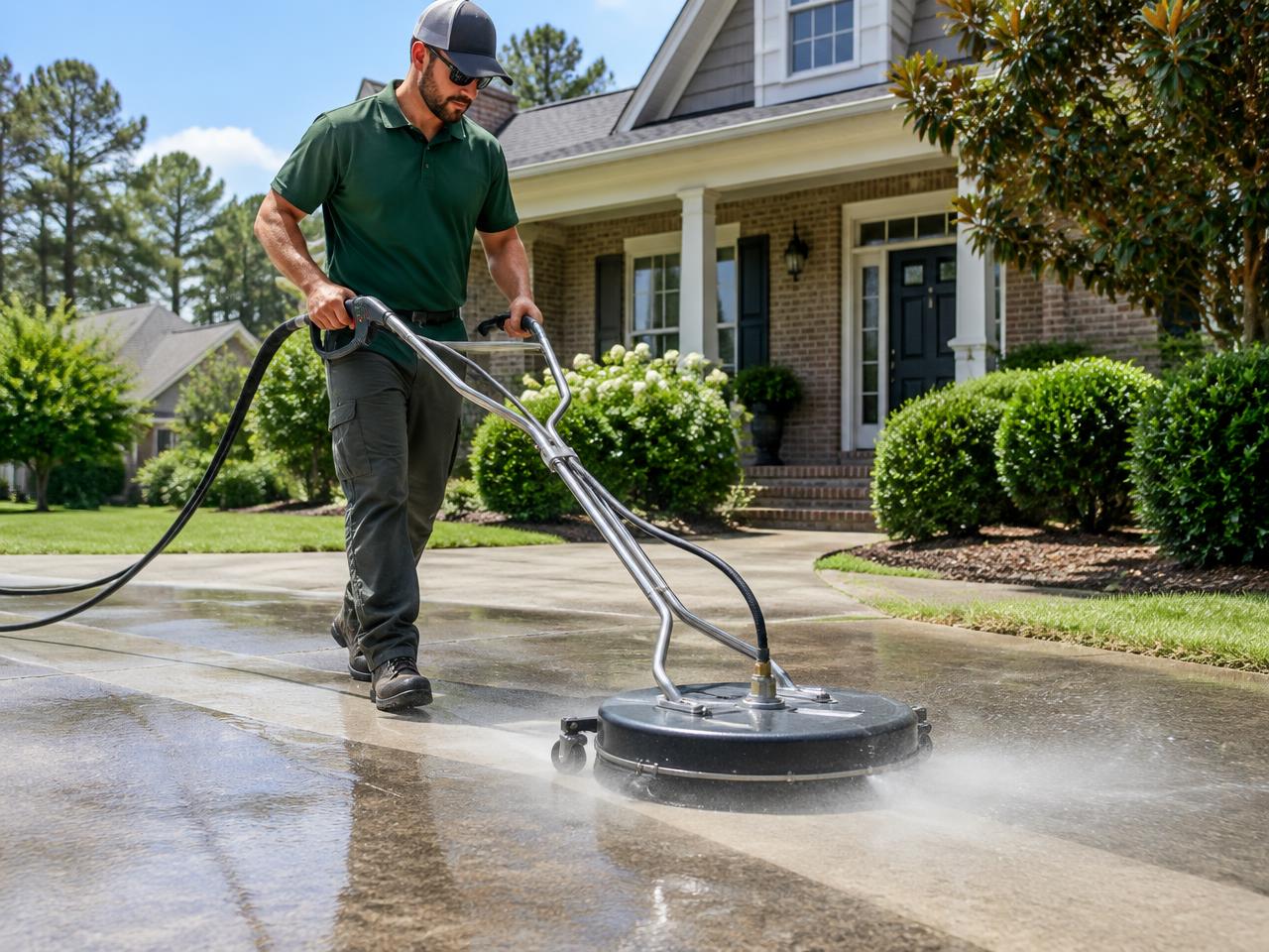 Pressure washing technician cleaning a concrete driveway with a surface cleaner