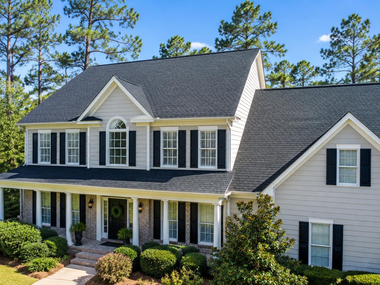 Clean asphalt shingle roof on a two-story Middle Georgia home after roof cleaning